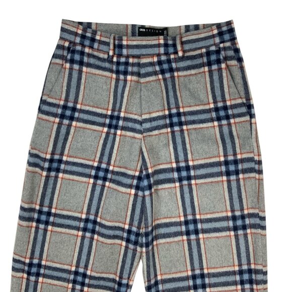 Asos Mens Wool Pants 32 Gray Blue Plaid Flat Front Straight Leg Heritage Fall - Picture 7 of 12